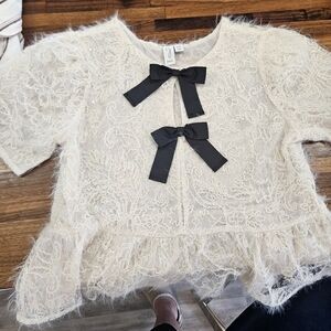 Joie Cream Lace Blouse with Black Bows
